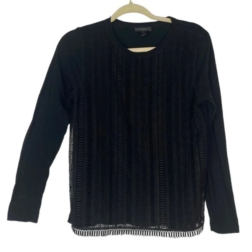 J. Crew Black Lace crochet Overlay Long Sleeve Crewneck Top Shirt medium